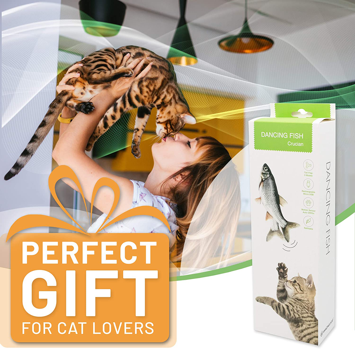 Dancing Fish Toy for Indoor Cats & Small Dogs – Motion Sensor Cat Toy with 2 Catnip Packets – Usb-Chargeable, Soft, Durable, Washable, Low-Noise Floppy Fish Interactive Pet Gifts, 12X5 In. Animals & Pet Supplies > Pet Supplies > Cat Supplies > Cat Toys AmazinglyCat   