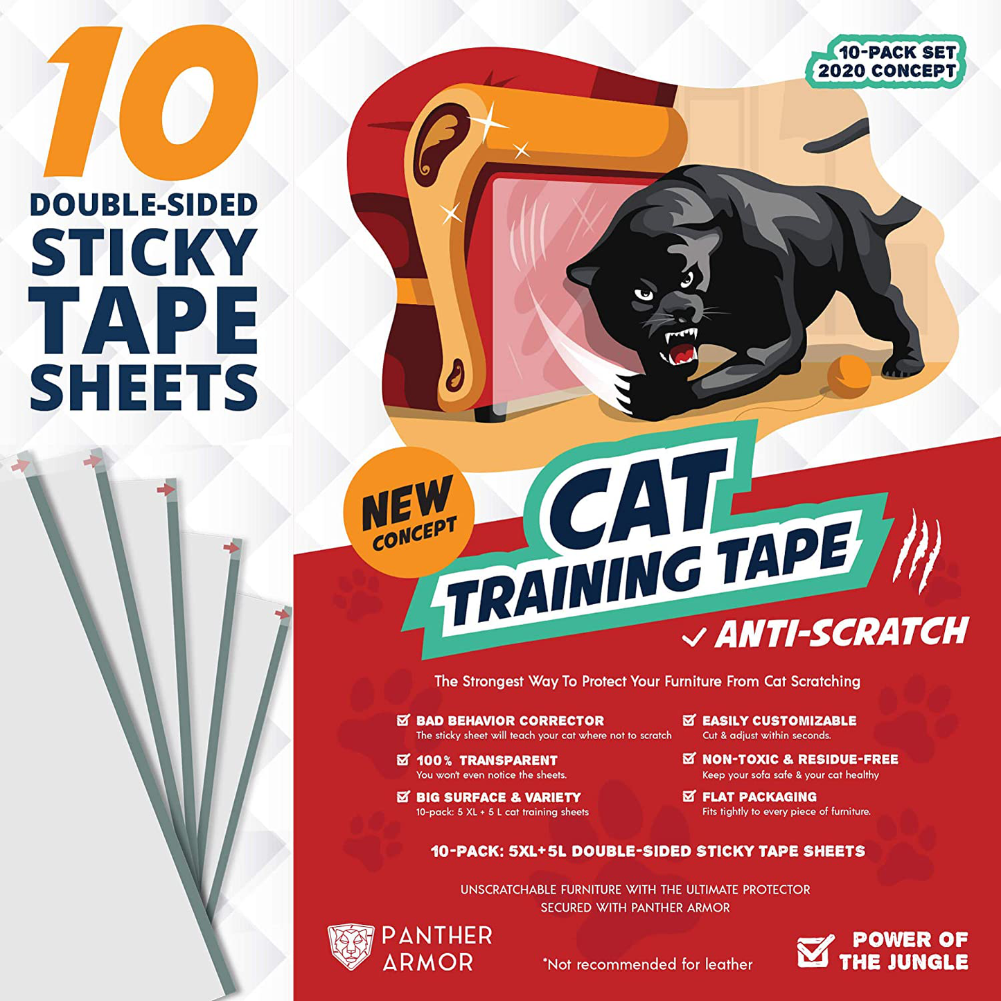 Panther Armor 10(Ten)-Pack Cat Scratch Deterrent Tape – Double Sided anti Cats Scratching Sticky Tape – 5-Pack XL 16”L 12”W + 5-Pack Large 17”L 10”W Furniture Protectors – Clear Training Tape Animals & Pet Supplies > Pet Supplies > Cat Supplies > Cat Furniture Panther Armor   