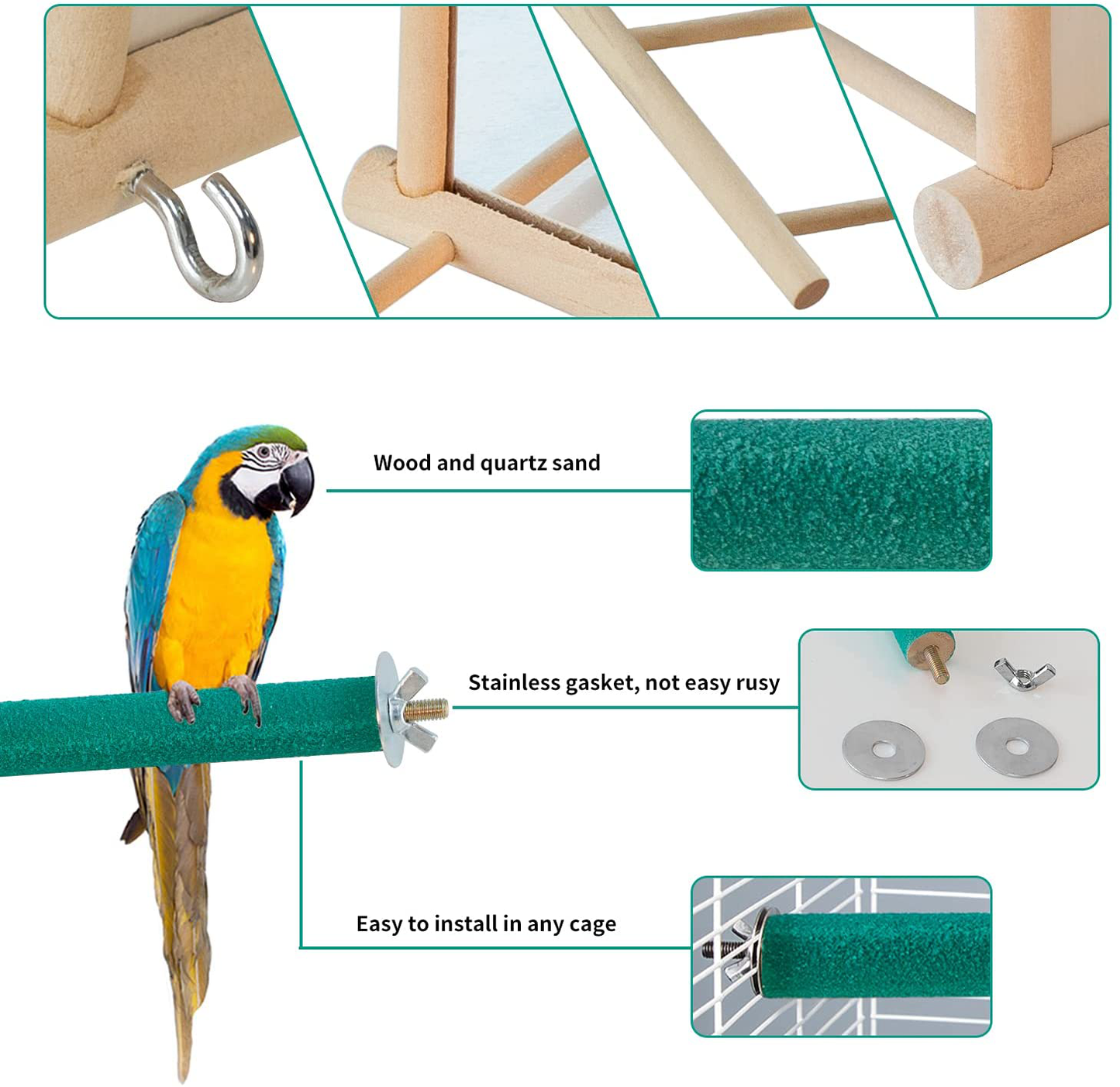 VECELA Parrot Toys, Bird Parrot Toys Set - Parrot Chewing Toys Knots Blocks, Parrot Mirror, Bird Perches - Bird Cage Toys for Budgies, Parakeets, Cockatiels, Conures, Lovebirds, Small or Medium Birds Animals & Pet Supplies > Pet Supplies > Bird Supplies > Bird Ladders & Perches VECELA   