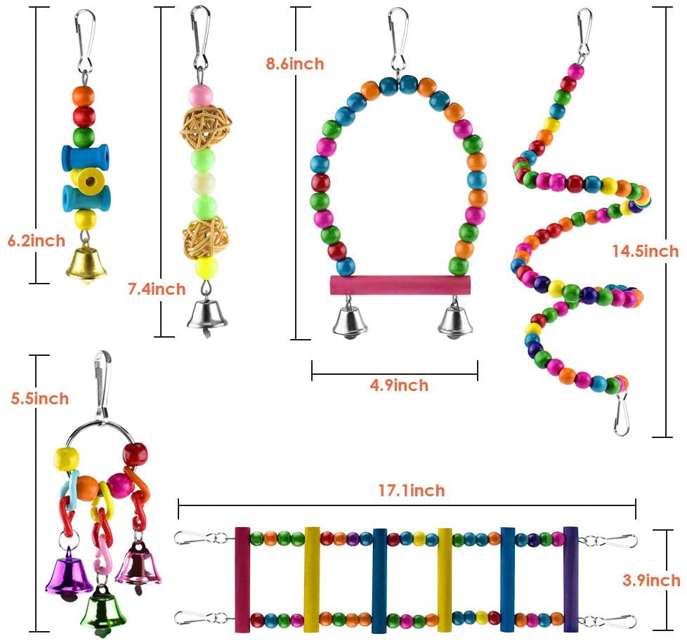 KATUMO 6 Pcs Bird Parrot Toys, Bird Swing Toy Colorful Chewing Hanging Hammock Swing Bell Pet Climbing Ladders Toys Bird Toys for Parrots, Parakeet, Conure, Cockatiel, Mynah, Love Birds Animals & Pet Supplies > Pet Supplies > Bird Supplies > Bird Ladders & Perches KATUMO   