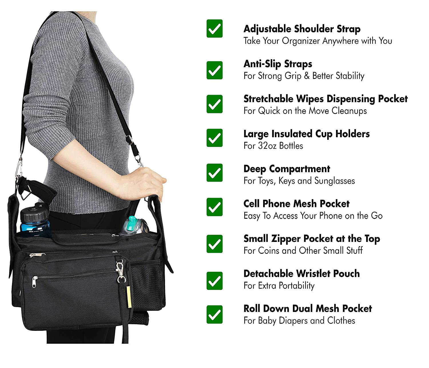 Universal Diaper Bag Baby Stroller Organizer Bag With Insulated Cup Holders  Diap