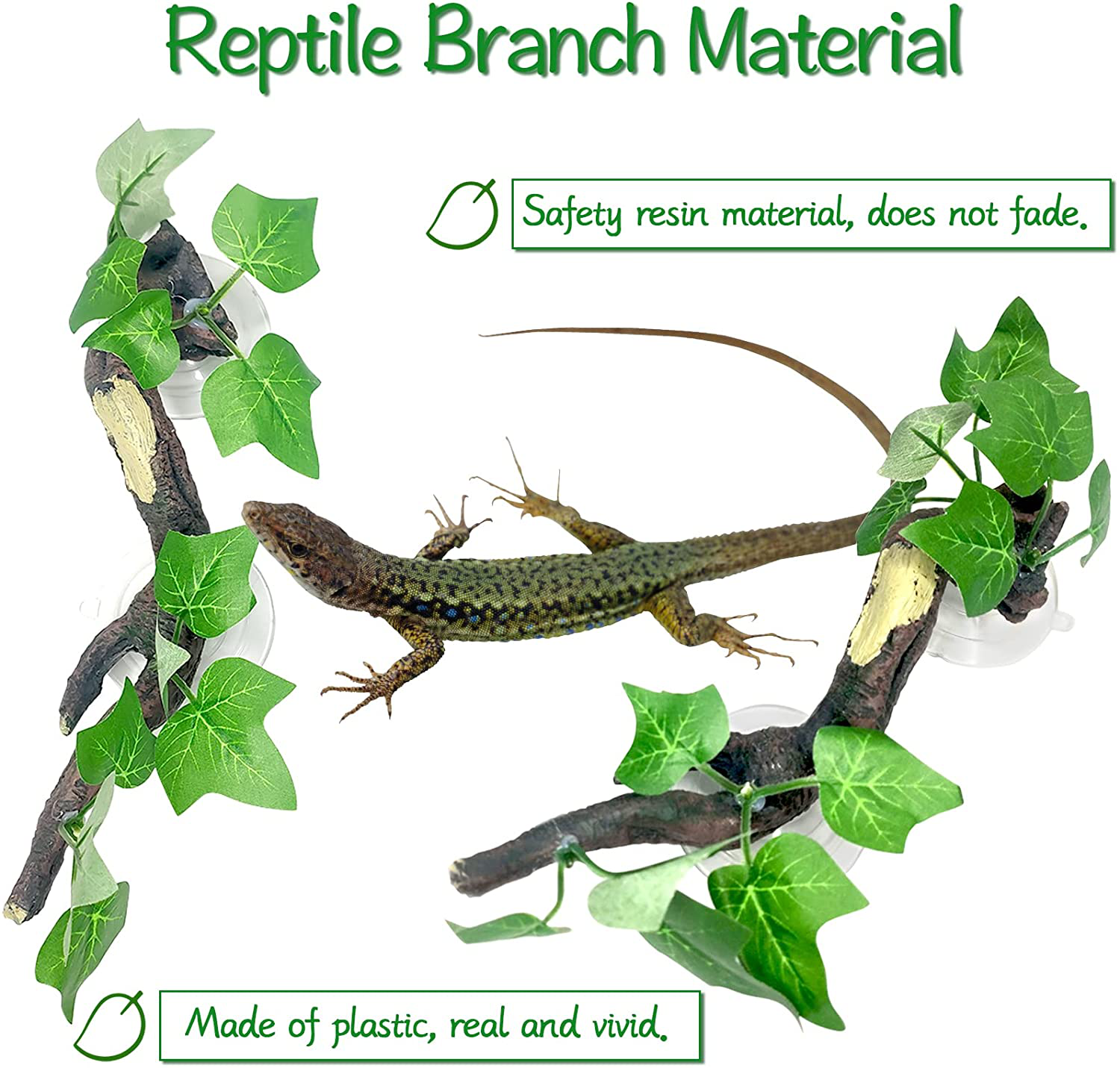 Fhiny Reptile Corner Branch, Resin Climb Tree Branch Decor with Leaves Tank Accessories Terrarium Plant Ornament with Suction Cup for Snake Lizard Bearded Dragons Gecko Climbing