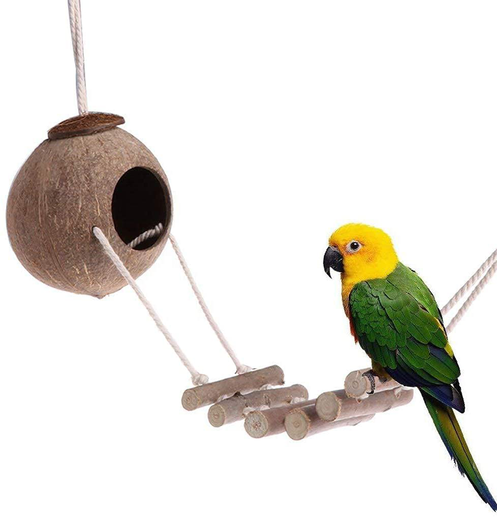 TOLMIOW 9 Pieces Parrots Chewing Natural Wood and Rope Bungee Bird Toy for Anchovies, Coconut Hideaway with Ladder ,Bird Perch Stand, Bird Cage Accessories, Parakeets, Cockatiel, Conure, Mynah, Macow Animals & Pet Supplies > Pet Supplies > Bird Supplies > Bird Cage Accessories TOLMIOW   
