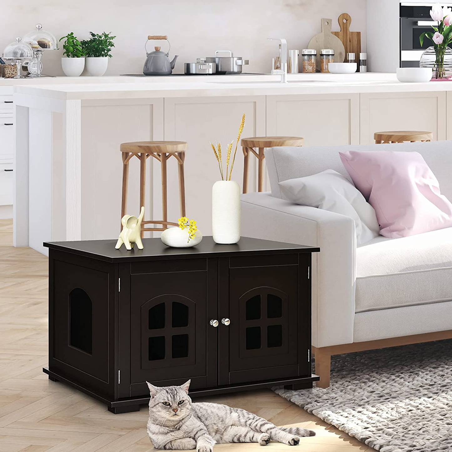 Tangkula Cat Litter Box Enclosure, Nightstand Cat House W/Double Doors & Windows, Cat Washroom Storage Bench, Decorative Pet House W/Optional Side Entryway, Large Litter Box Furniture Hidden Animals & Pet Supplies > Pet Supplies > Cat Supplies > Cat Furniture Tangkula   