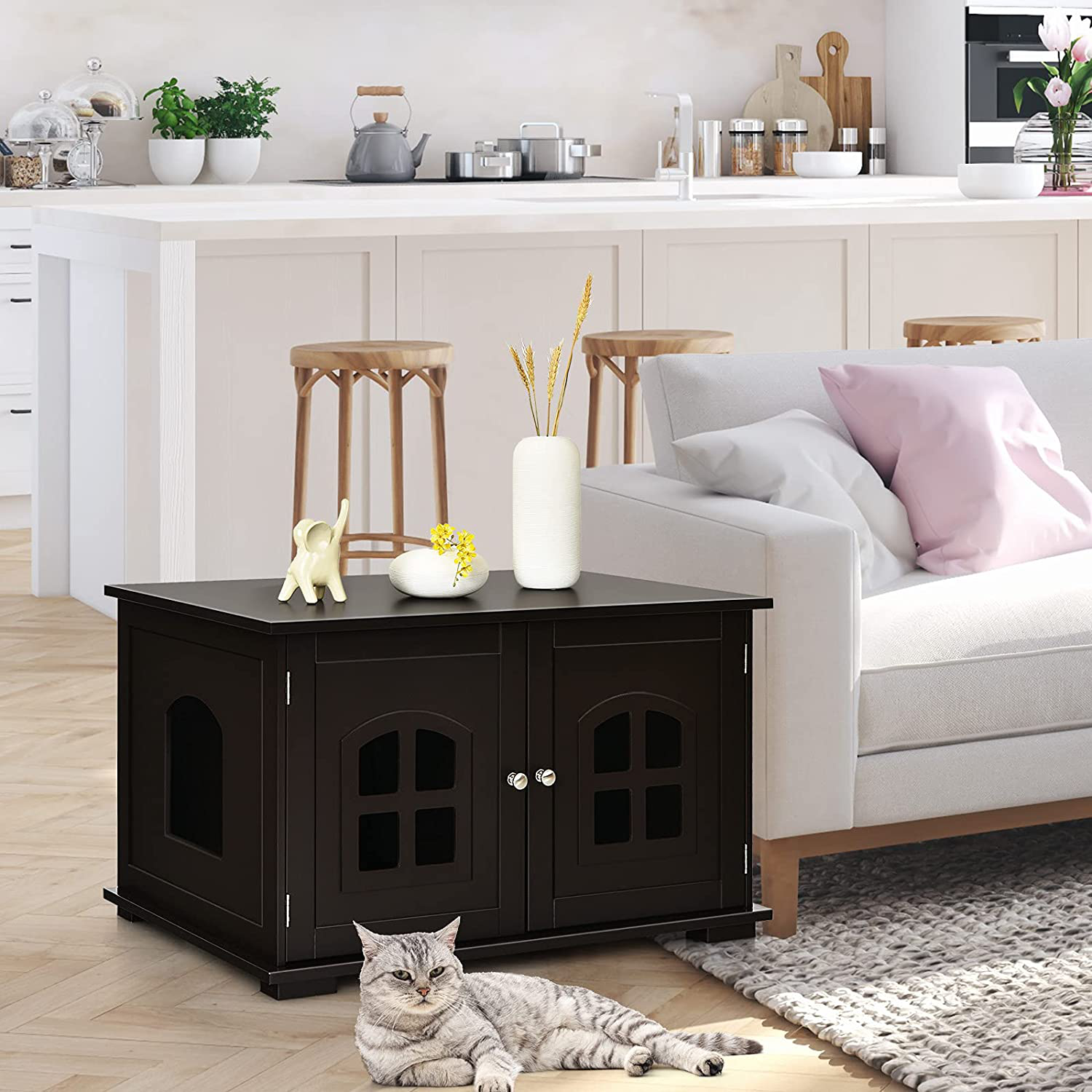 Tangkula Cat Litter Box Enclosure, Nightstand Cat House W/Double Doors & Windows, Cat Washroom Storage Bench, Decorative Pet House W/Optional Side Entryway, Large Litter Box Furniture Hidden Animals & Pet Supplies > Pet Supplies > Cat Supplies > Cat Furniture Tangkula   