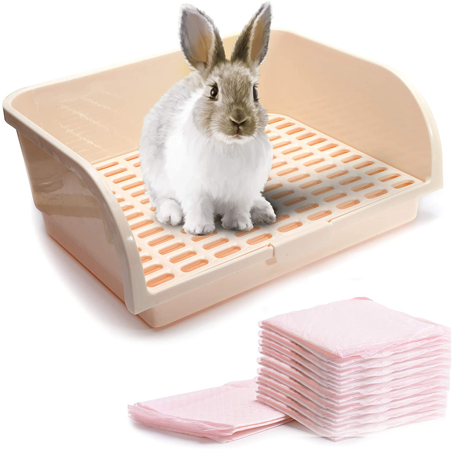 CALPALMY Large Rabbit Litter Box with Bonus Pads, Drawer, Corner Toilet Box and Bigger Pet Pan for Adult Guinea Pigs, Chinchilla, Ferret, Galesaur, Small Animals Animals & Pet Supplies > Pet Supplies > Small Animal Supplies > Small Animal Bedding CALPALMY Cream  