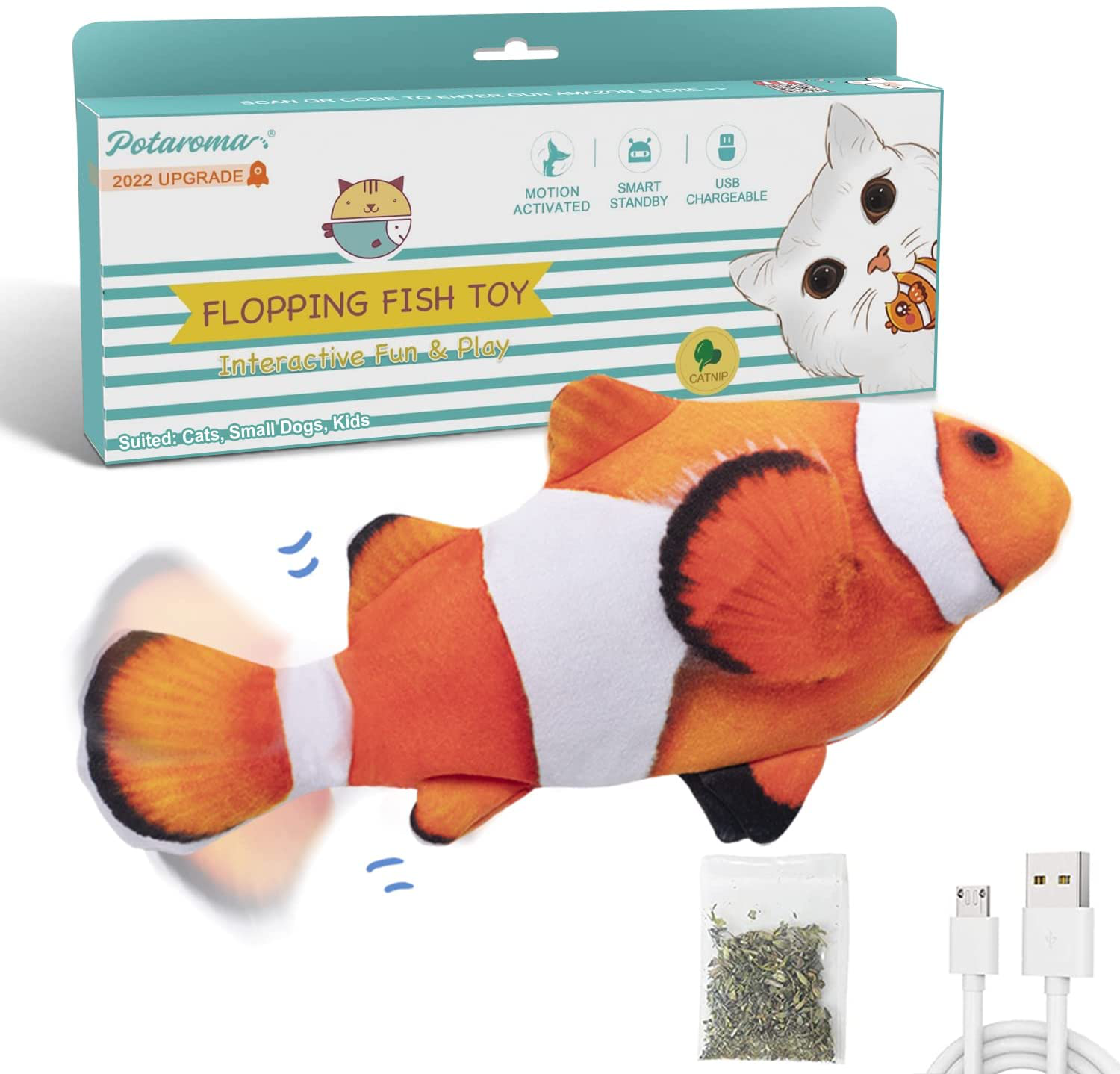 Potaroma Flopping Fish 10.5", Upgraded for 2022, Moving Cat Kicker Toy, Floppy Fish Animal Toy for Small Dogs, Wiggle Fish Catnip Toys, Motion Kitten Toy, Interactive Cat Toys for Cat Exercise Animals & Pet Supplies > Pet Supplies > Cat Supplies > Cat Toys Potaroma Clownfish  