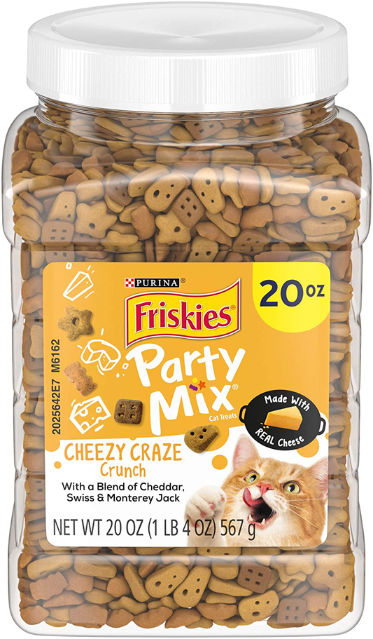 Purina Friskies Made in USA Cat Treats, Party Mix Cheezy Craze Crunch - 20 Oz. Canister, Cheese Blend (050000169818)