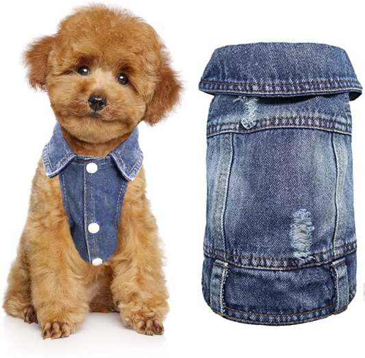 Dog Jeans Jacket Pet Clothes Vest Puppy Denim Jumpsuit Lapel Vests Hooded Hoodie for Small Medium Dogs, Classic Blue One-Piece Pet Cat Costume Apparel Animals & Pet Supplies > Pet Supplies > Cat Supplies > Cat Apparel CKCY Ripped Small 
