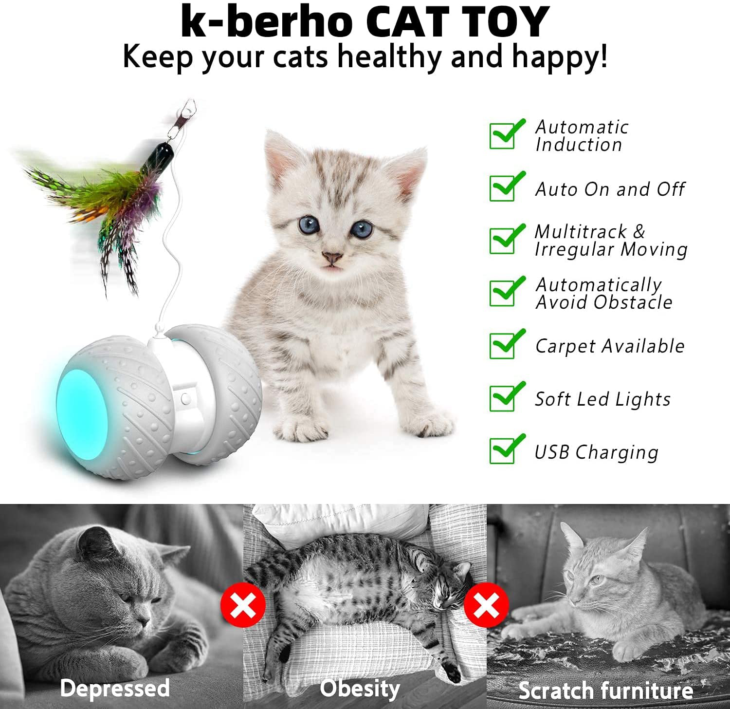 K-Berho Interactive Cat Toys for Indoor Cats, Irregularly Move Cat Ball Toys for Kitten/Cats, Robotic Cat Toy with Led Light/Feathers/Ribbon/Mouse Toys, Floors/Carpet Available, USB Charging Animals & Pet Supplies > Pet Supplies > Cat Supplies > Cat Toys k-berho   