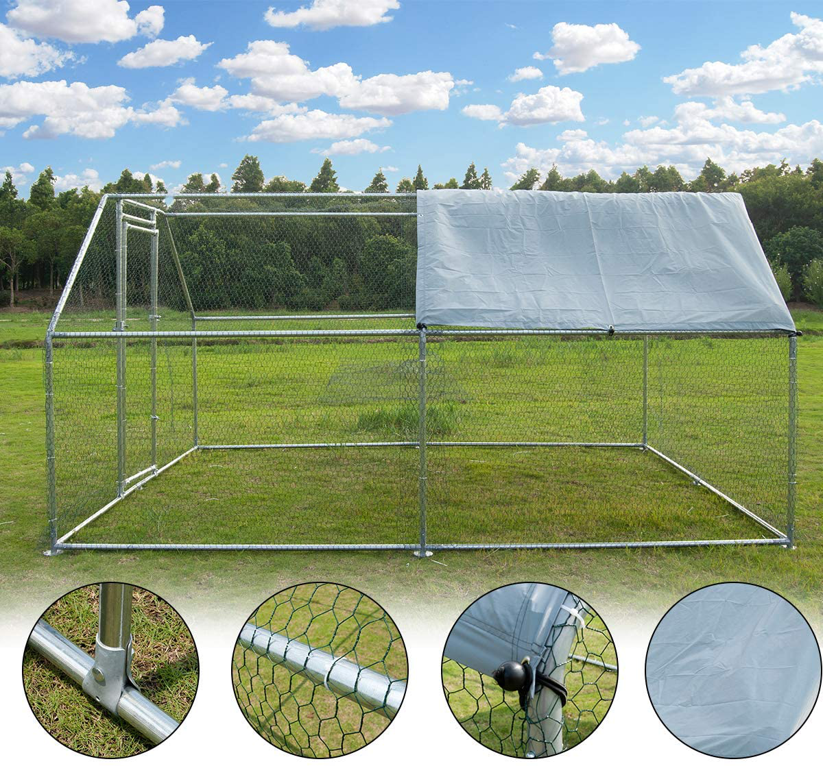 Large Metal Chicken Coop Walk-In Poultry Cage Hen Run House Rabbits Habitat Cage Flat Roofed Cage with Waterproof and Anti-Ultraviolet Cover for Outdoor Backyard Farm Use (9.2' L X 12.5' W X 6.4' H)