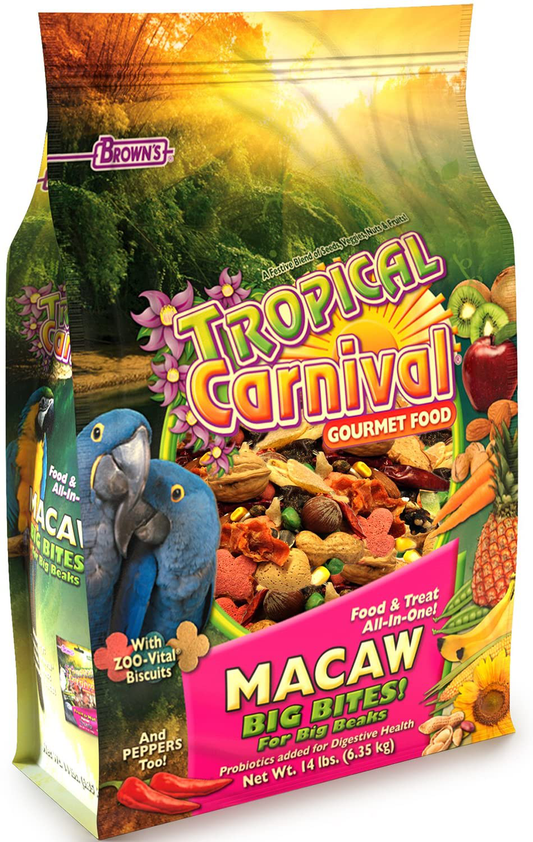 Tropical Carnival F.M. Brown'S, Gourmet Macaw Food Big Bites for Big Beaks - Seeds, Veggies, Fruits, and Nuts with Probiotics Animals & Pet Supplies > Pet Supplies > Bird Supplies > Bird Food Fm Browns 14 Pound (Pack of 1)  