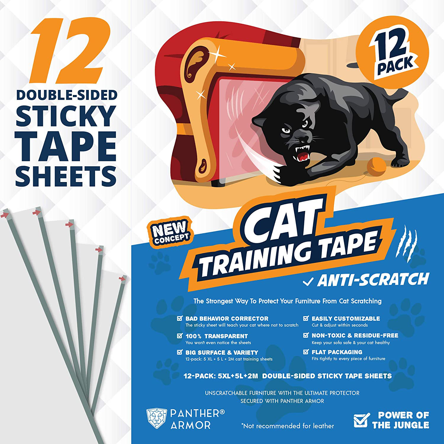 Panther Armor Cat Scratch Deterrent Tape – 12-Pack Double Sided anti Scratching Sticky Tape – 5-Pack XL 16”L 12”W + 5-Pack Large 17”L 10”W + 2-Pack M 17”L 6”W Furniture Protectors – Training Tape