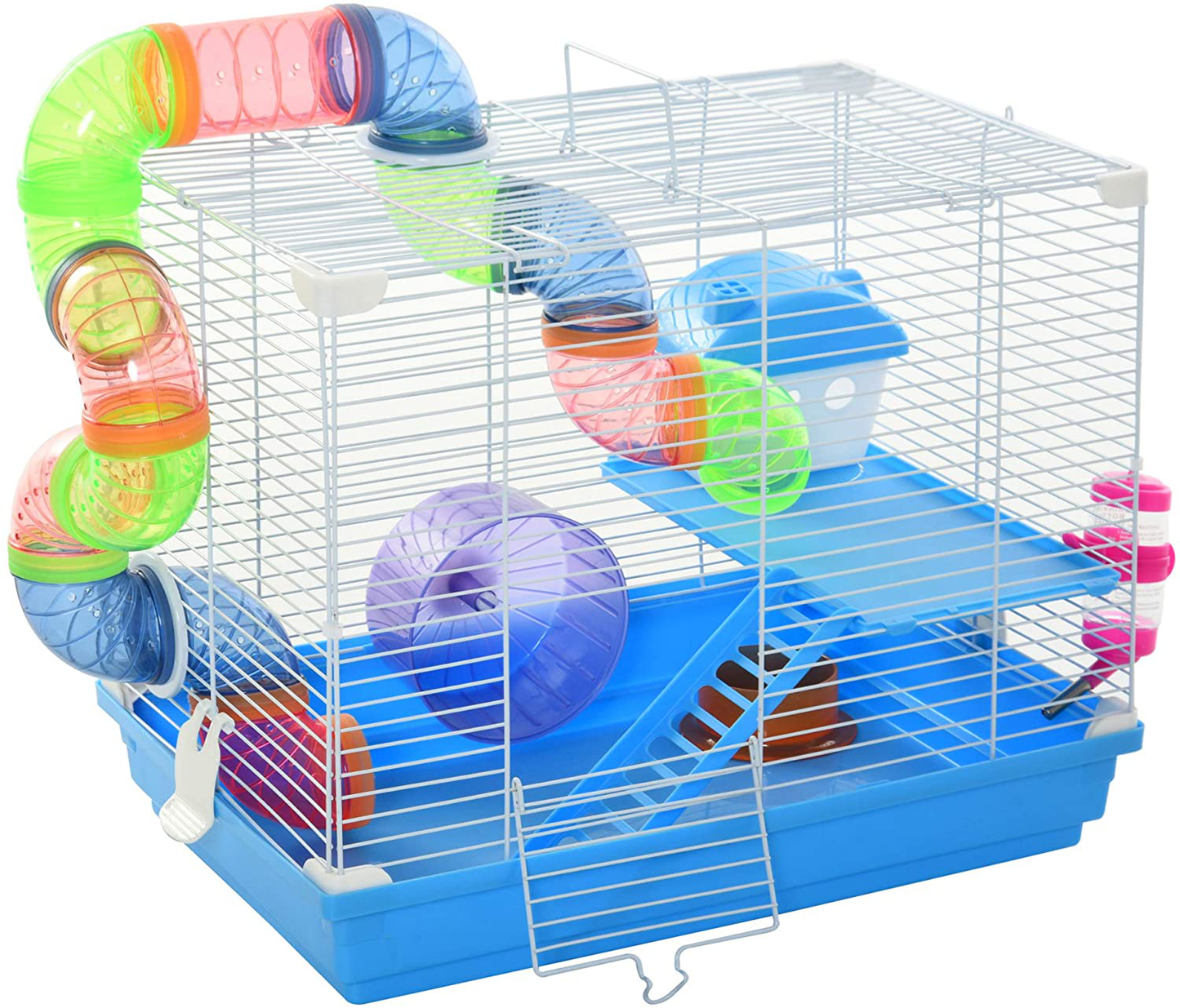 Pawhut 2-Level Hamster Cage Gerbil House Habitat Kit Small Animal Travel Carrier with Exercise Wheel, Play Tubes, Water Bottle, Food Dishes, & Interior Ladder