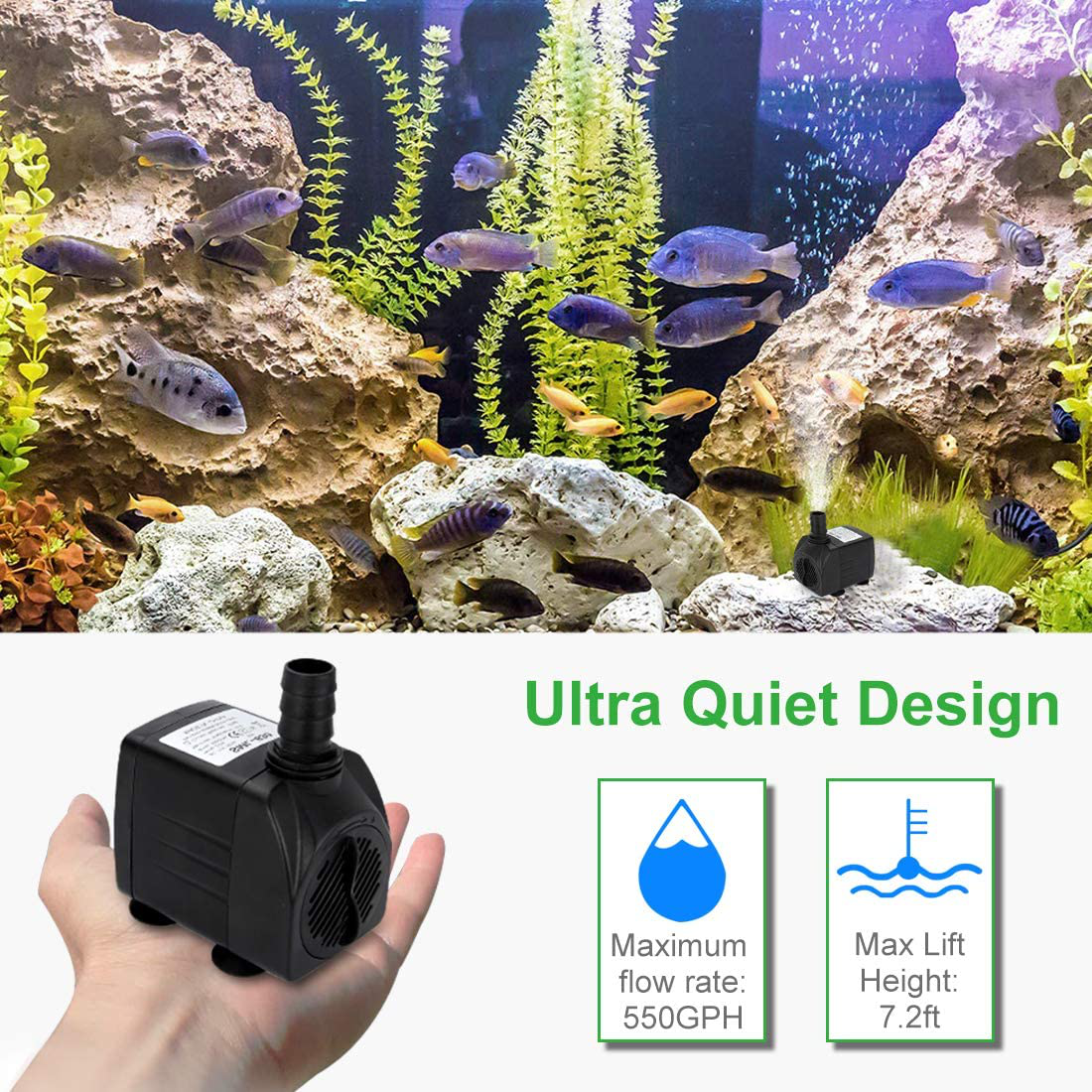 GROWNEER 2 Packs 550GPH Submersible Pump 30W Ultra Quiet Fountain Water Pump, 2000L/H, with 7.2Ft High Lift, 3 Nozzles for Aquarium, Fish Tank, Pond, Hydroponics, Statuary Animals & Pet Supplies > Pet Supplies > Fish Supplies > Aquarium & Pond Tubing GROWNEER   