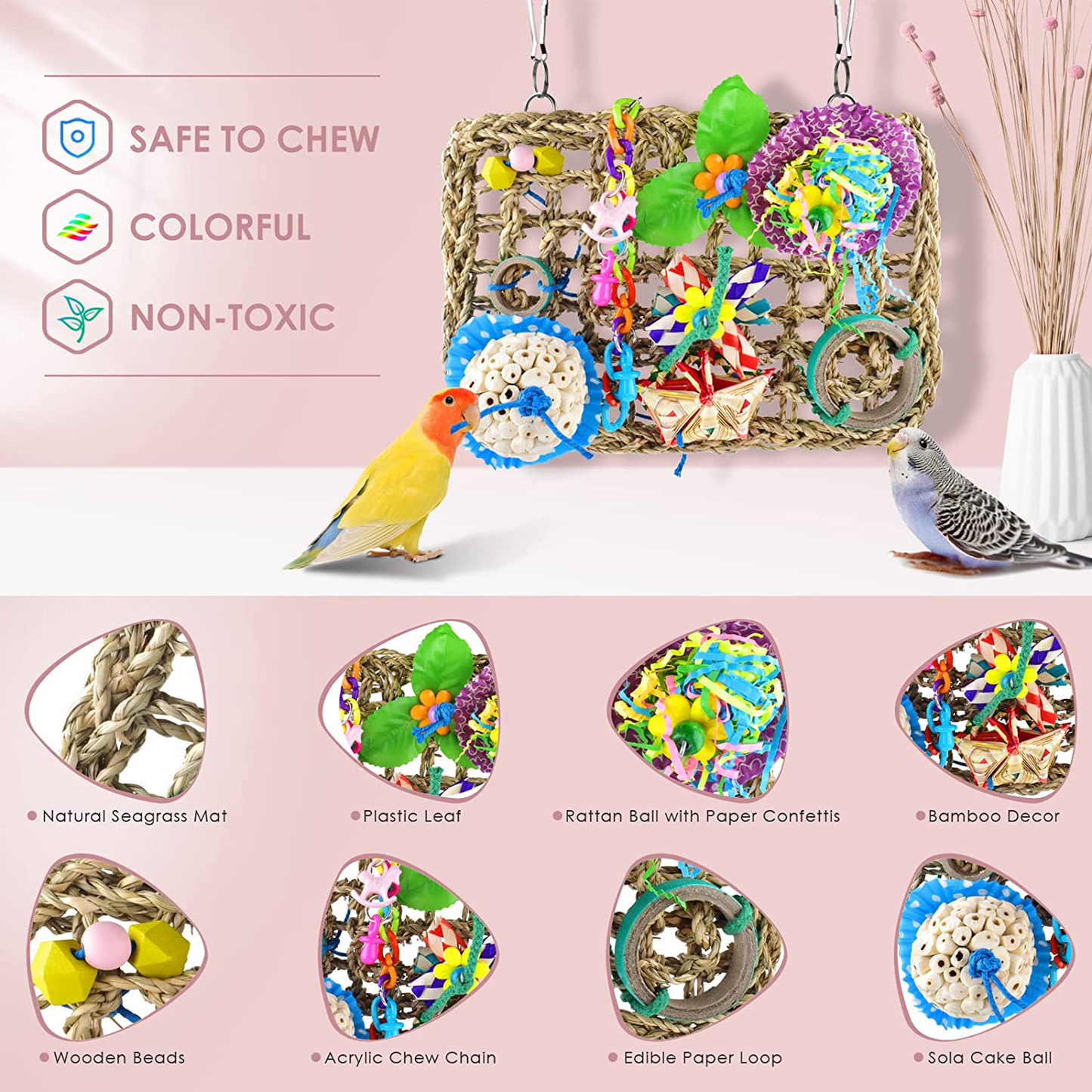 KATUMO Bird Toys, Bird Foraging Wall Toy Edible Seagrass Woven Climbing Hammock Mat with Natural Sola Cake Ball Colorful Chew Toys for Parakeet, Budgerigar, Conure, Cockatiel, Lovebird, Parrots Animals & Pet Supplies > Pet Supplies > Bird Supplies > Bird Toys KATUMO   