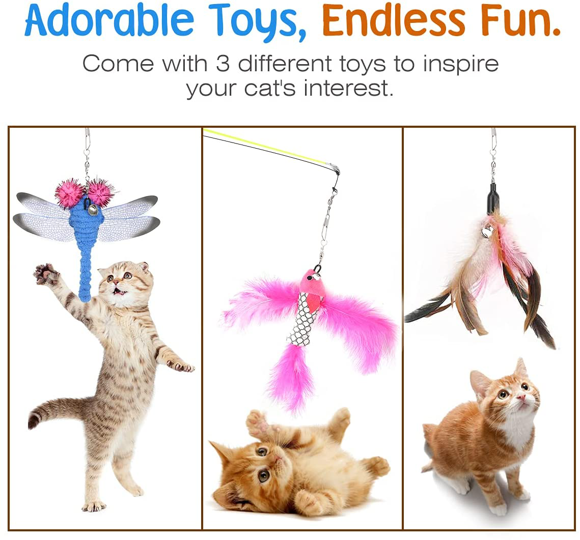 Vavopaw Cat Feather Teaser Wand Toy, Cat Interactive Retractable Fishing Pole, Funny Cat Stick Sea Rod Cat Feather Playing Toy Pet Companion Toys, 1 Wand & 3 Interchangeable Toys Animals & Pet Supplies > Pet Supplies > Cat Supplies > Cat Toys VavoPaw   