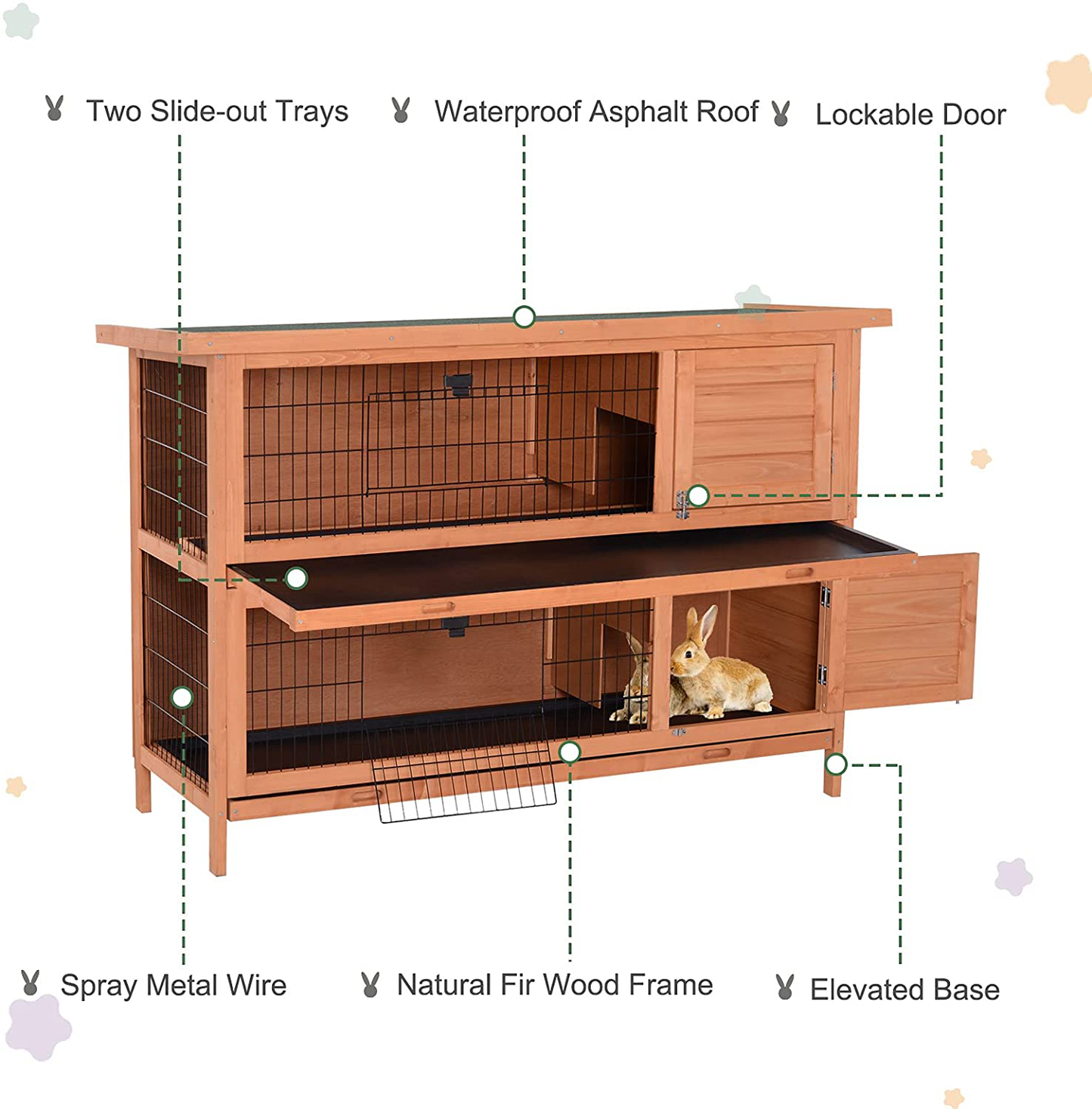 Pawhut 54" 2-Floor Large Rabbit Hutch Wooden Pet House Bunny Cage Small Animal Habitat with Lockable Doors Run Asphalt Roof for Outdoor Use