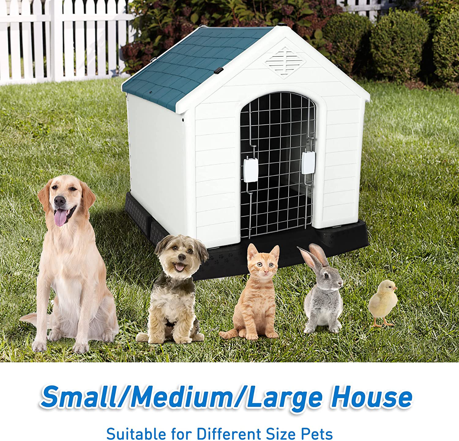 LUCKYERMORE Outdoor Dog House with Door for Small Medium Large Dogs Waterproof Puppy Kennel Plastic outside Pet Crate with Gate for All Weather, 28" H/32 H/39 H