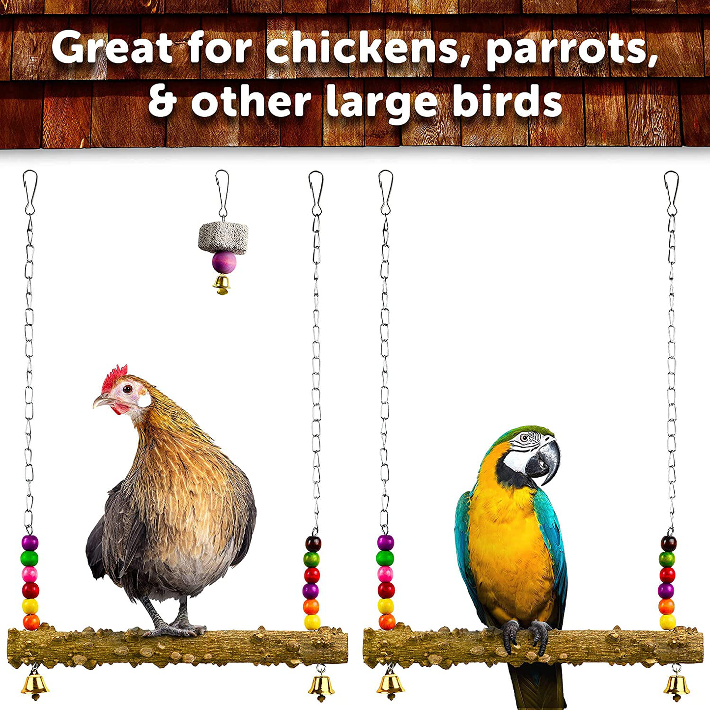 MASANI Chicken Coop Swing - 2 Pack Natural Wood - Stainless Steel Hooks - Steady Heavy-Duty Chains - Small Charming Copper Bells - Supports up to 20Lbs - Complete with Peck Bird Toy Animals & Pet Supplies > Pet Supplies > Bird Supplies > Bird Toys MASANI   