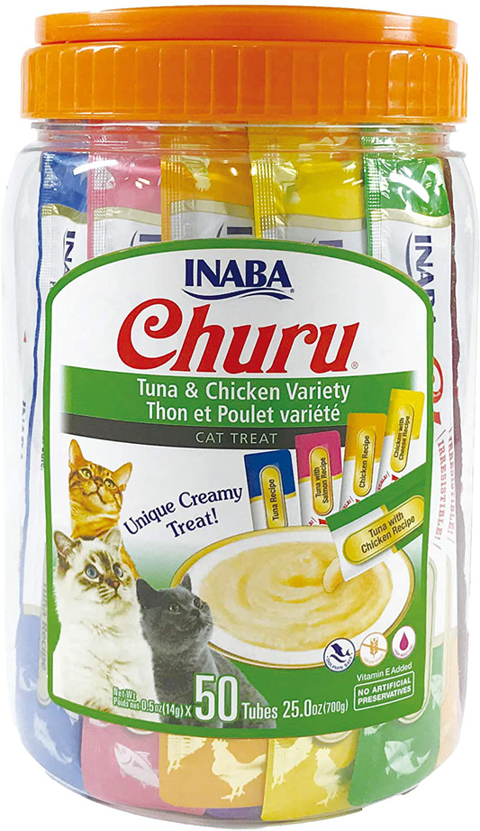 INABA Churu Tuna & Chicken Lickable Creamy Purée Cat Treats 5 Flavor Variety Pack of 50 Tubes