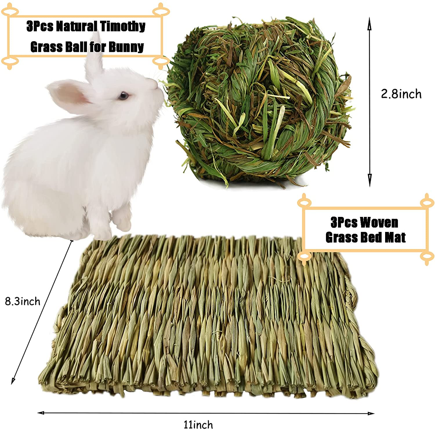 Hamiledyi 3Pcs Grass Mat Woven Bed Mat for Bunny 3Pcs Rabbit Chew Ball Timothy Grass Grinding Small Animal Bedding Nest Activity Play Chew Toys for Guinea Pig Gerbils Hamster Rat