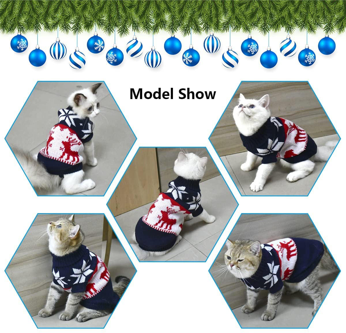 Vehomy Pet Puppy Christmas Sweater Cat Winter Knitwear Xmas Clothes Navy Blue Sweater with Reindeers Snowflakes Pattern Dog Warm Argyle Sweater Coat for Kittens Small Dogs Cats Animals & Pet Supplies > Pet Supplies > Dog Supplies > Dog Apparel Vehomy   