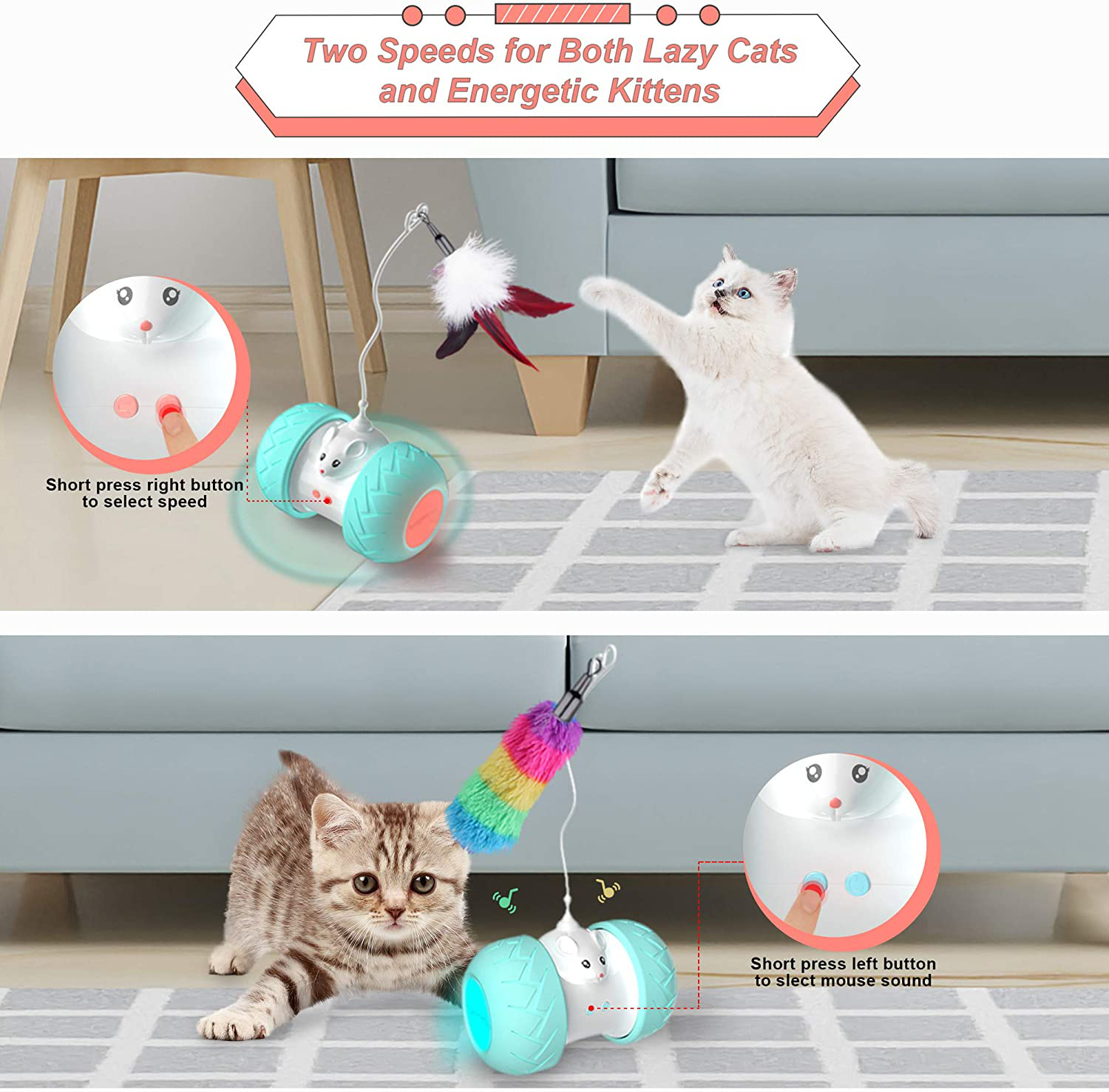 Burgeonnest Interactive Cat Toys for Indoor Cats, Automatic Kitten Toys Electronic with Mouse and 3 Feathers for Cats to Play Alone and Exercise 2 Speeds 3 Modes USB Charging Animals & Pet Supplies > Pet Supplies > Cat Supplies > Cat Toys BurgeonNest   