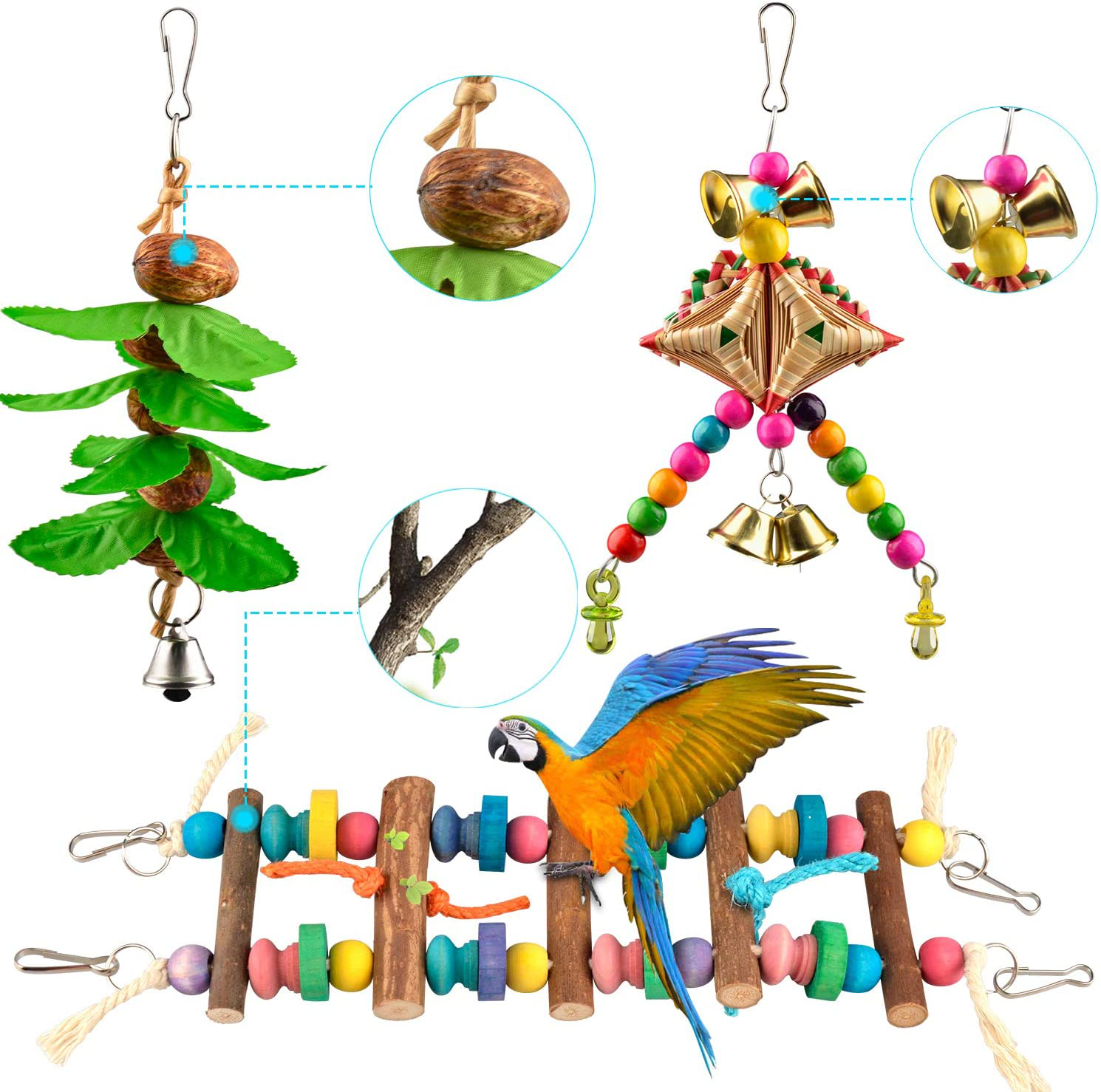 AOPMET Bird Swing Toys 6Pcs, Parrot Swing Chewing Toys Hanging Perches with Bells, Pet Bird Swing Chewing Toys for Parakeets Cockatiels, Conures, Parrots, Love Birds Animals & Pet Supplies > Pet Supplies > Bird Supplies > Bird Toys AOPMET   