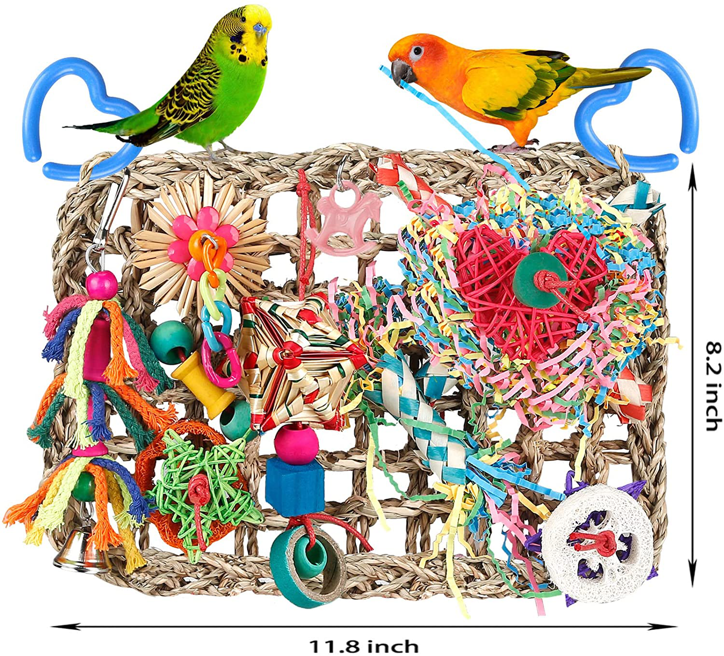 Bbjinronjy Bird Toys for Parakeets Cockatiels Conures Climbing Hammock with Colorful Bird Chew Toys Shredding Toy Seagrass Foraging Activity Wall