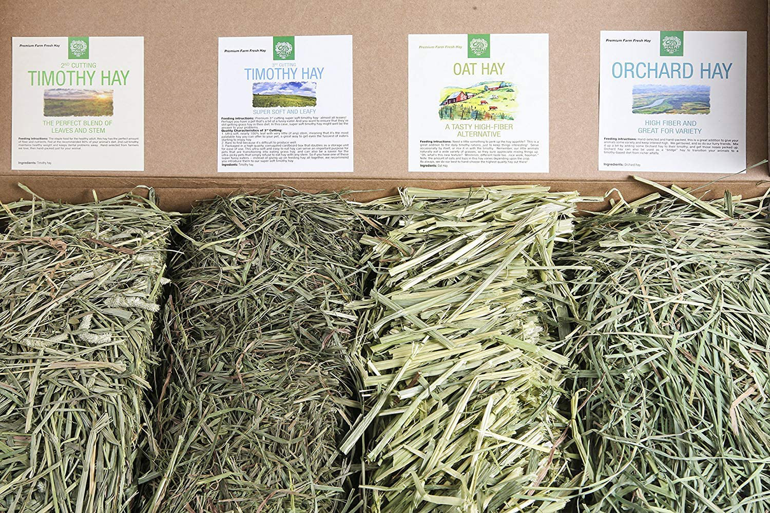 Small Pet Select-Sampler Box, 2ND Cutting, 3RD Cutting Timothy Hay, Oat Hay, & Orchard Hay