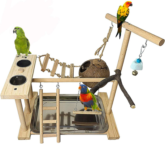 Parrots Playground Bird Play Stand Natural Wood Parrot Perch Gym Playpen Parakeet Nest with Feeder Cups Ladders Lovebirds Cage Accessories Toy Exercise Activity Center for Conure Cockatiel Lovebirds Animals & Pet Supplies > Pet Supplies > Bird Supplies > Bird Cages & Stands Tfwadmx   