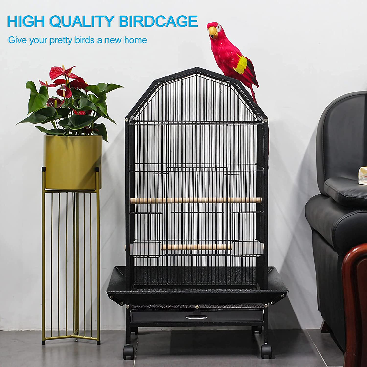 Lilithye Bird Cage Open Top Standing Parrot Parakeet Cage with Rolling Stand Large Metal Bird Flight Cage for Conure Parekette Cockatiel Finch Macaw Cockatoo Pet House,Black,Height 34 Inch Animals & Pet Supplies > Pet Supplies > Bird Supplies > Bird Cage Accessories Lilithye   