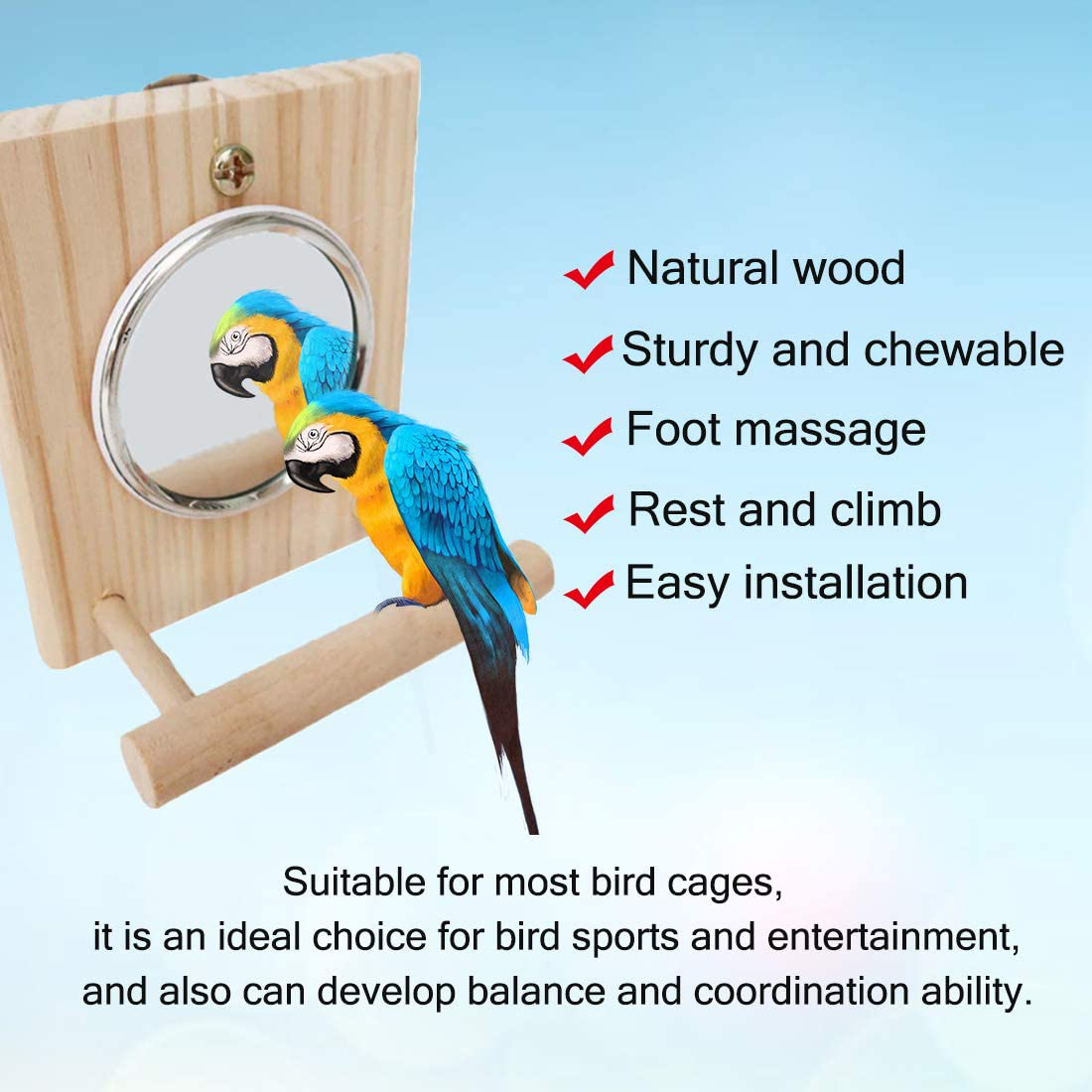 Hamiledyi Bird Mirror with Wooden Perch,Birdcage Fun Platform Stand Toys Animals & Pet Supplies > Pet Supplies > Bird Supplies > Bird Ladders & Perches Hamiledyi   