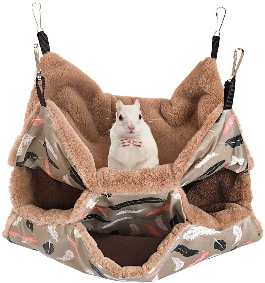 Small Animals Warm Plush Triple Bunkbed Cage Hanging Hammock Bed,Guinea Pig Cage Accessories Bedding, Warm Hammock for Parrot Ferret Squirrel Hamster Rat Playing Sleeping