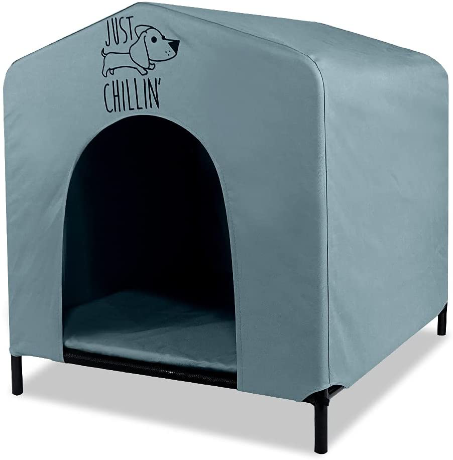 Floppy Dawg Just Chillin’ Portable Dog House. Elevated Pet Shelter for Indoor and Outdoor Use. Made of Water Resistant Breathable Oxford Fabric. Easy to Assemble and Lightweight.
