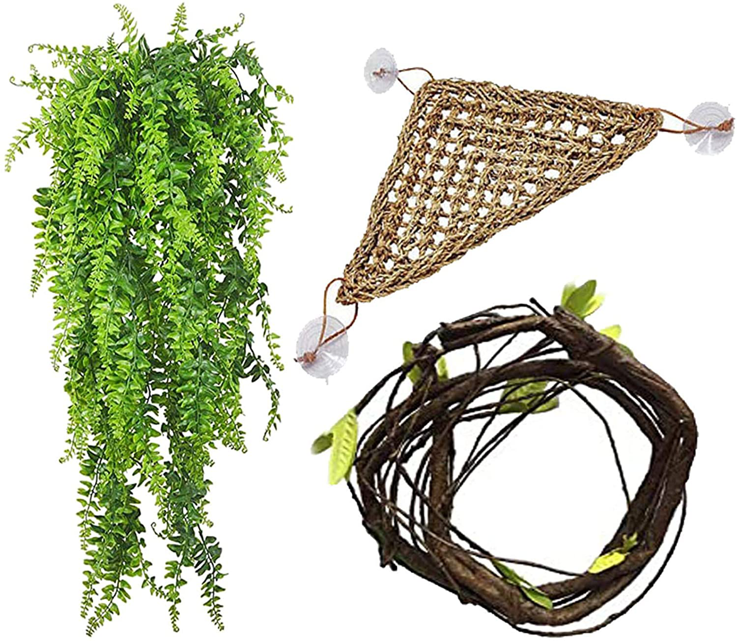 PINVNBY Bearded Dragon Tank Accessories,Reptile Plants Hanging Climbing,Lizards Habitat Natural Seagrass Hammock and Artificial Bendable Vines Branch for Chameleon Geckos Snake and Hermit Crabs Animals & Pet Supplies > Pet Supplies > Reptile & Amphibian Supplies > Reptile & Amphibian Habitat Accessories PINVNBY   