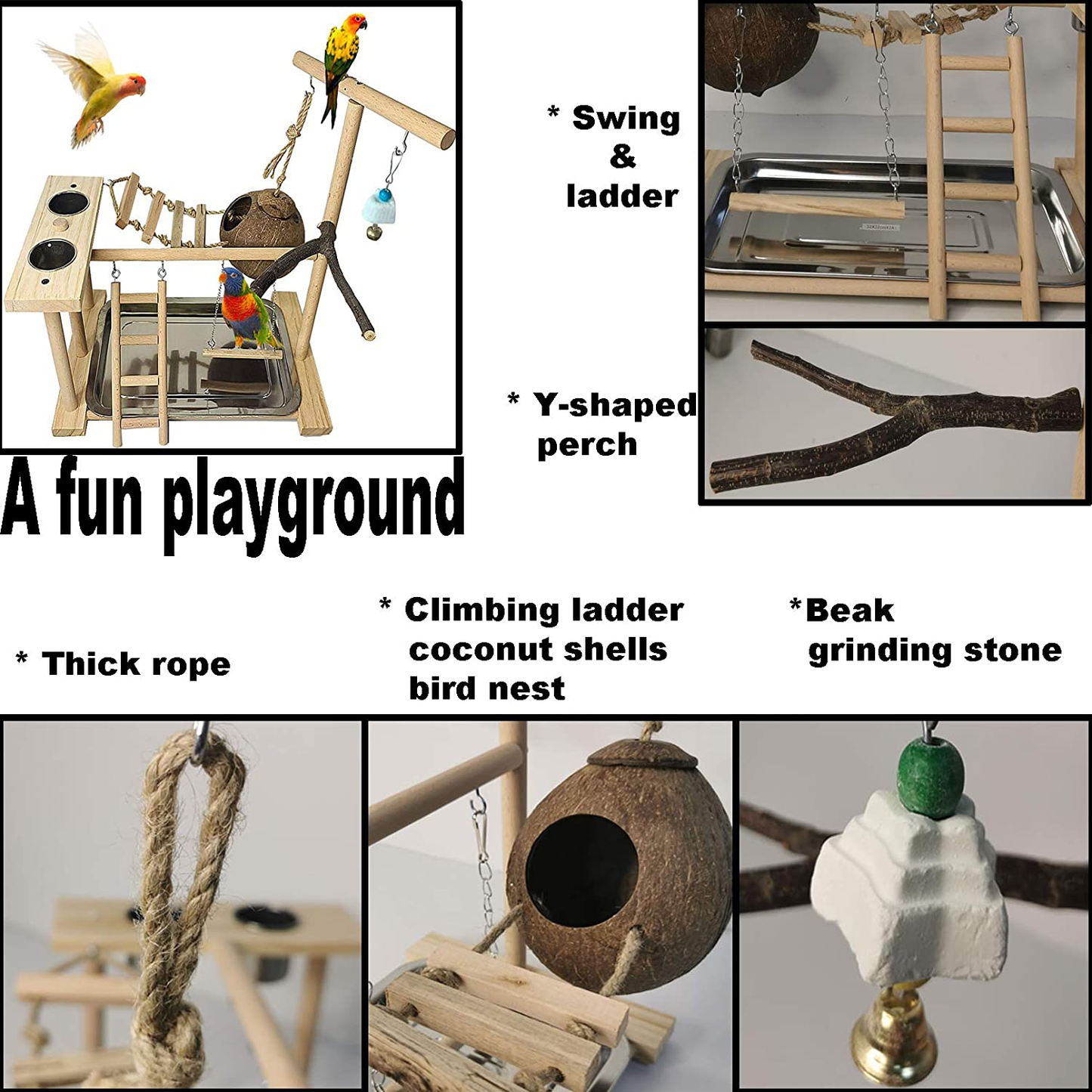 Parrots Playground Bird Play Stand Natural Wood Parrot Perch Gym Playpen Parakeet Nest with Feeder Cups Ladders Lovebirds Cage Accessories Toy Exercise Activity Center for Conure Cockatiel Lovebirds Animals & Pet Supplies > Pet Supplies > Bird Supplies > Bird Cages & Stands Tfwadmx   