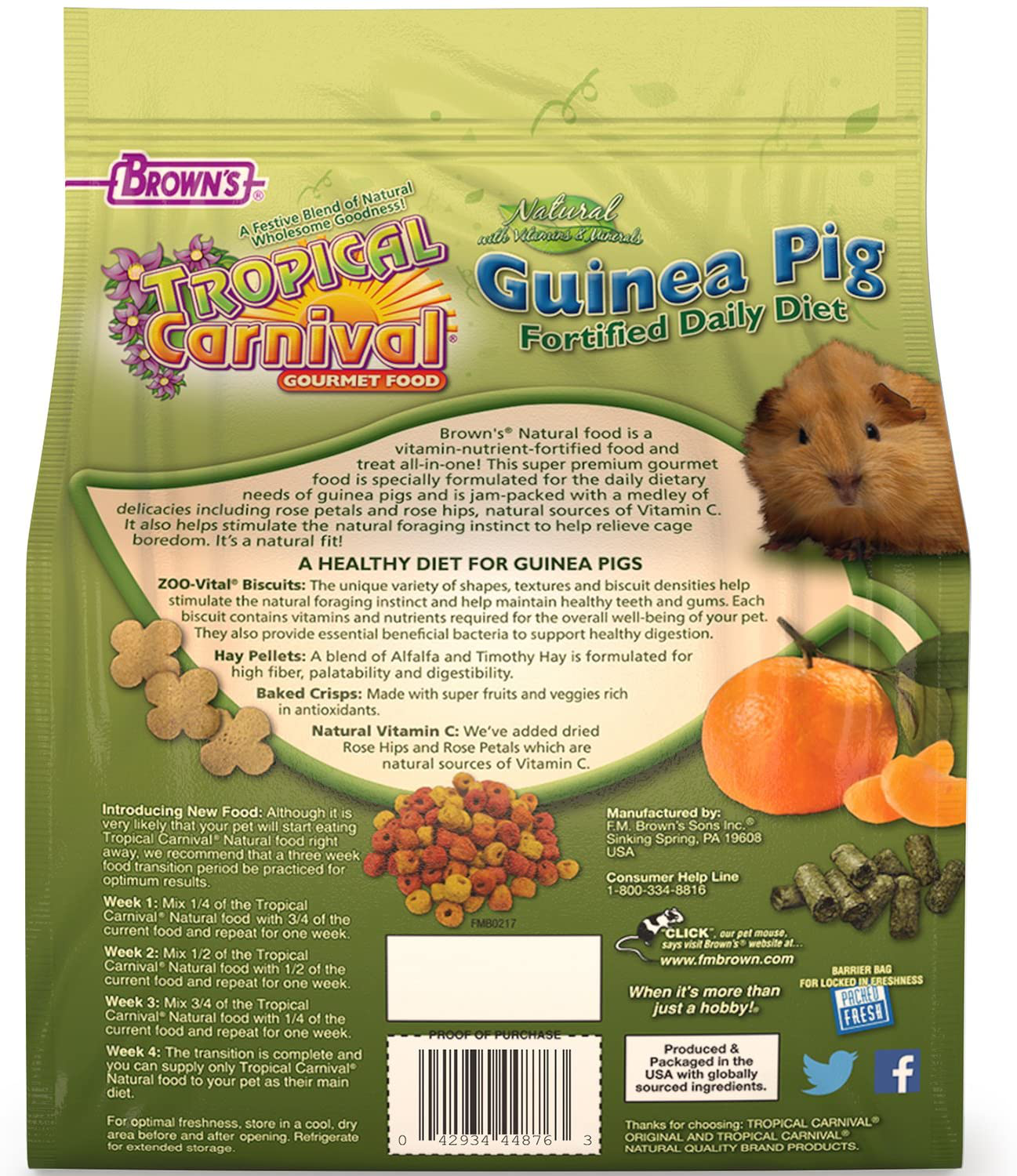 F.M. Brown'S Tropical Carnival, Natural Guinea Pig Food, Vitamin-Nutrient Fortified Daily Diet with Vitamin C and High Fiber Alfalfa and Timothy Hay Pellets for Optimum Digestion, 4 Lb Animals & Pet Supplies > Pet Supplies > Small Animal Supplies > Small Animal Food Tropical Carnival   