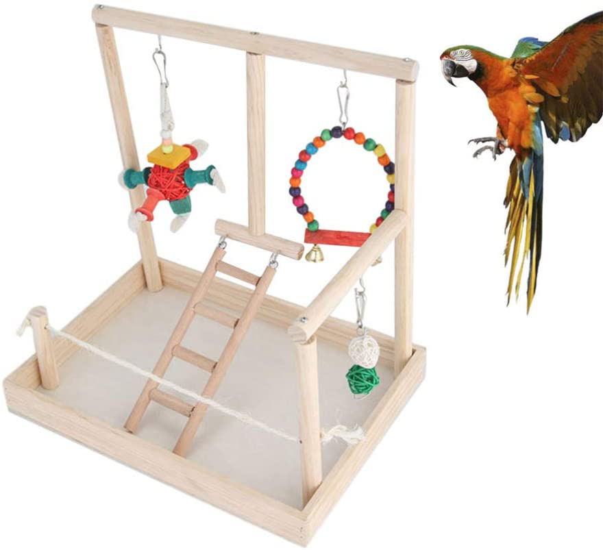 POPETPOP Wooden Bird Play Stand with Swing Perch Chewing Toy Ladder Play Gym Playground Activity Toy for Parakeets Budgie Cockatiels Animals & Pet Supplies > Pet Supplies > Bird Supplies > Bird Gyms & Playstands POPETPOP   