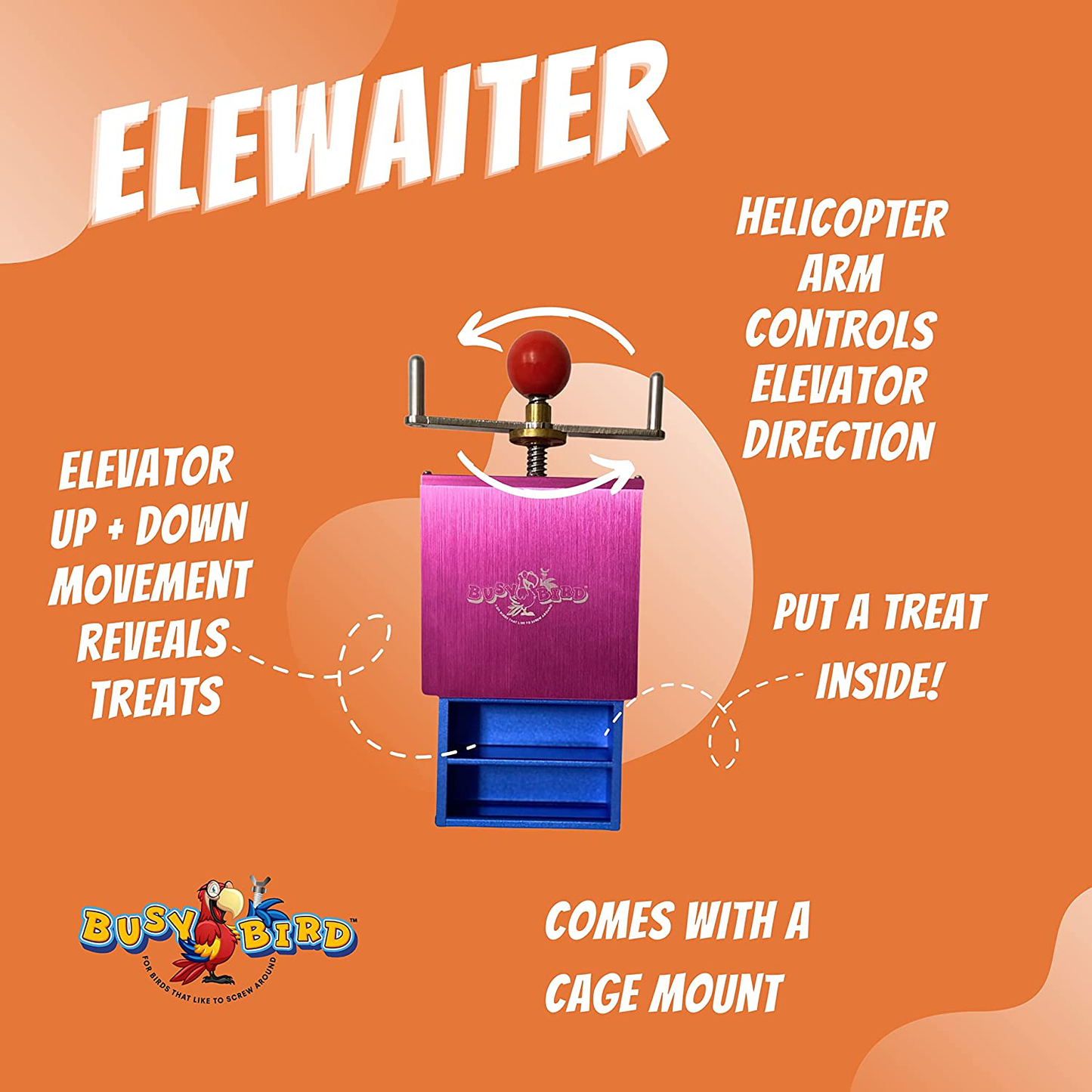 Busy Bird | Ele-Waiter Foraging Bird Toy - Helicopter Arm Adjusts Elevator to Expose Treats - 100% Metal, Ultimate Brain Teaser and Mind Game for Medium to Extra Large Birds Animals & Pet Supplies > Pet Supplies > Bird Supplies > Bird Toys Busy bird for birds that like to screw around   