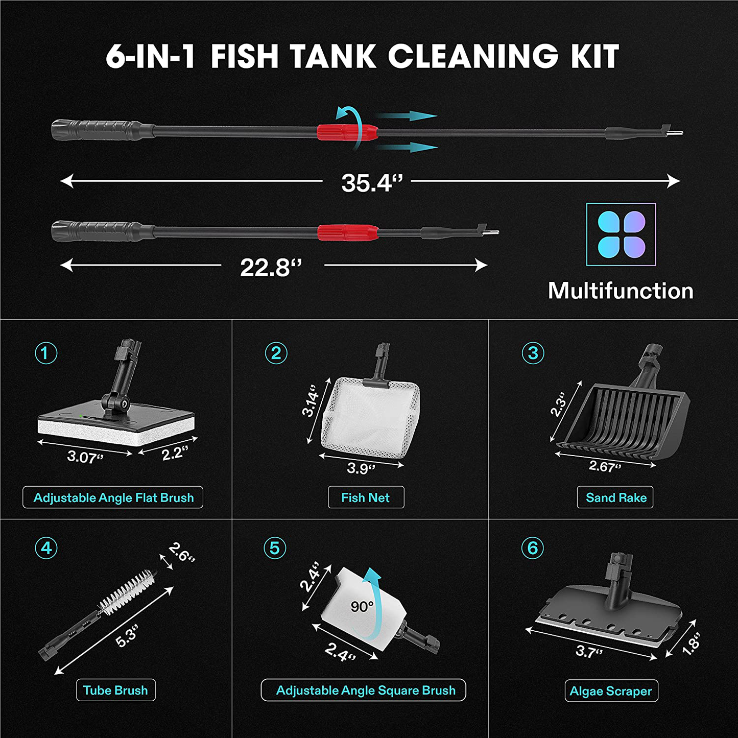 VIVOSUN 6-In-1 Aquarium Cleaning Tools, Adjustable Fish Tank Clean Kit with Long Telescopic Handle