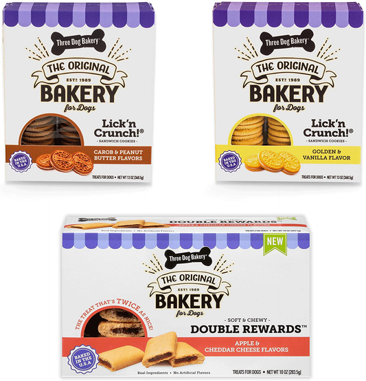 Three Dog Bakery Classic Cookies Variety Pack Premium Treats for Dogs, Carob/Peanut Butter, Golden/Vanilla, & Double Reward, 36 Ounces, 3-Pack Animals & Pet Supplies > Pet Supplies > Dog Supplies > Dog Treats Three Dog Bakery   