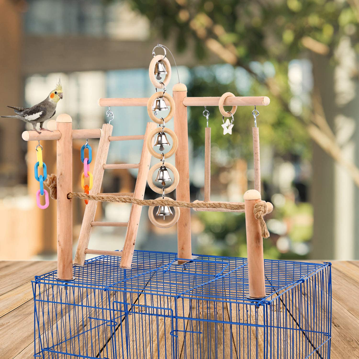 SAWMONG Wooden Bird Play Stand Perch Set, Parrot Playground Swing Toy, Cockatiel Birdcage Training Climbing Ladder, Parakeets Exercise Gym with Rope, Chew Toys for Conures Accessories Decor Animals & Pet Supplies > Pet Supplies > Bird Supplies > Bird Gyms & Playstands SAWMONG   