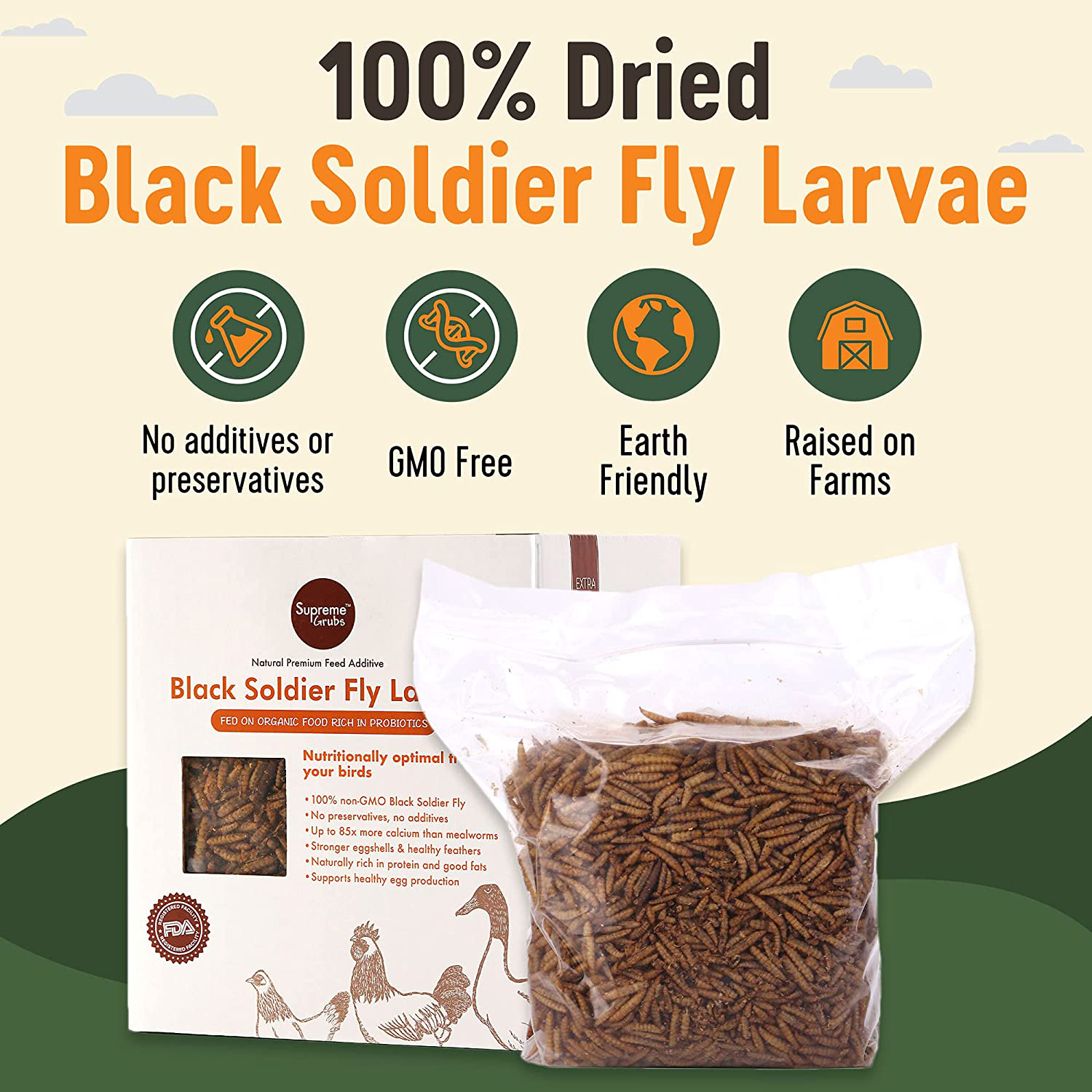 Supreme Grubs -Natural Black Soldier Fly Larvae for Chickens, 85X More Calcium than Mealworms-High Protein Grub Food Chicken Treats for Hens, Probiotic-Rich Chicken Feed and Calcium-Dense Bird Animals & Pet Supplies > Pet Supplies > Bird Supplies > Bird Treats Supreme Grubs   