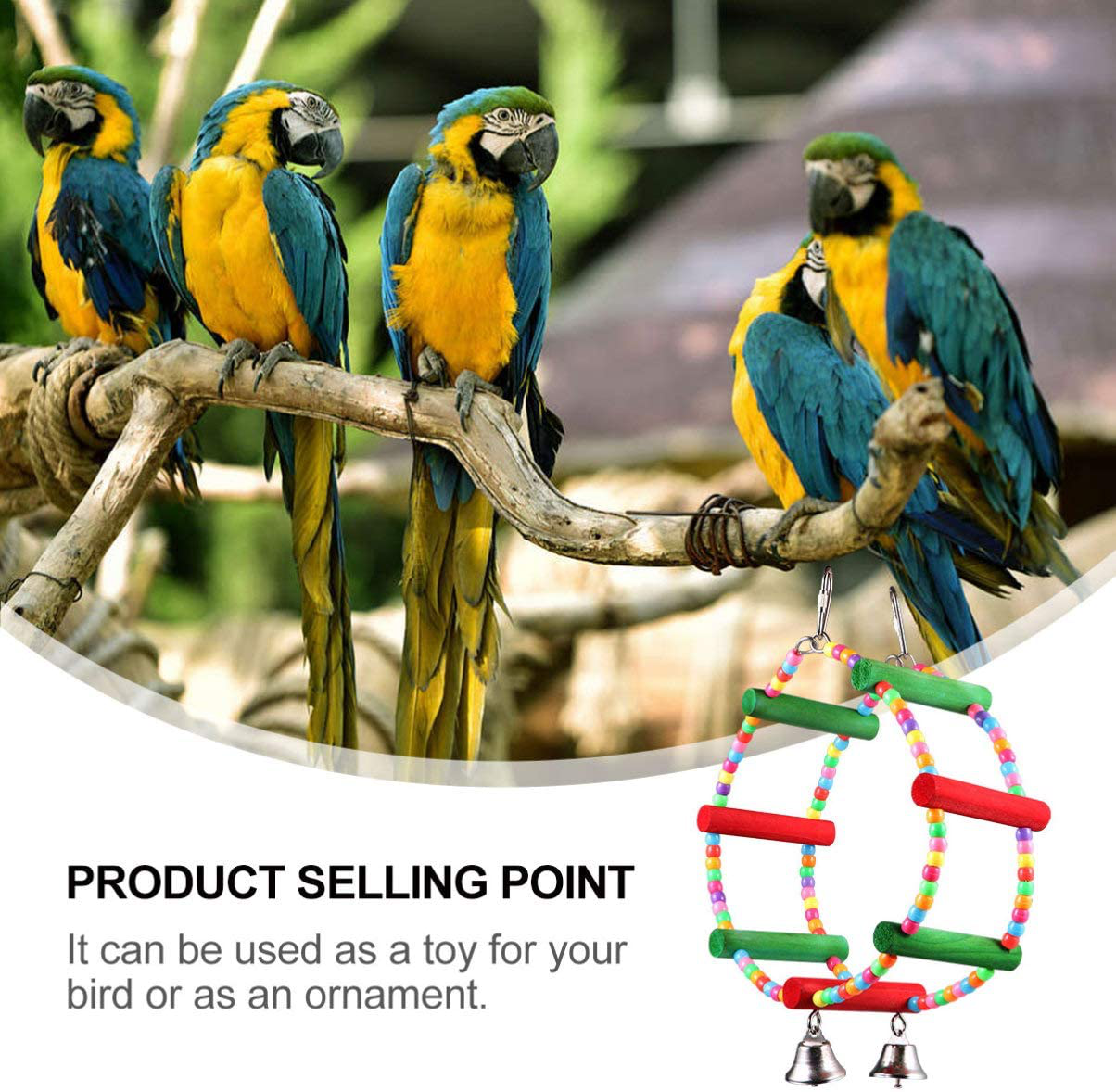 POPETPOP Bird Chewing Perch with Bell Cage Accessories Decorating Birdcage or Wood Parrot Perch Stand Play Gym