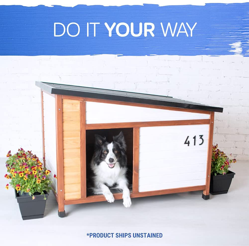Petmate DIY Heavy Duty Wood Dog House Is Ready to Paint for Pets up to 90 Pounds; Plastic Roof and Self Leveling Feet Ensure Long Life
