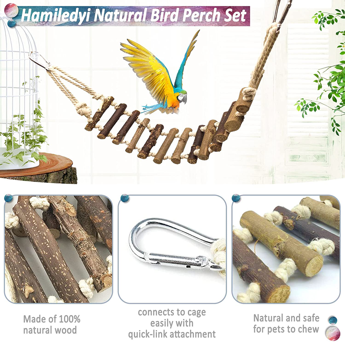 Hamiledyi Wood Bird Perch Stand Set 10 Pcs Parakeets Natural Wooden Platform Parrot Swing Rope Ladder Bird Toys for Small Medium Cockatiels Conures Lovebirds Finches Cage Accessories Animals & Pet Supplies > Pet Supplies > Bird Supplies > Bird Ladders & Perches Hamiledyi   