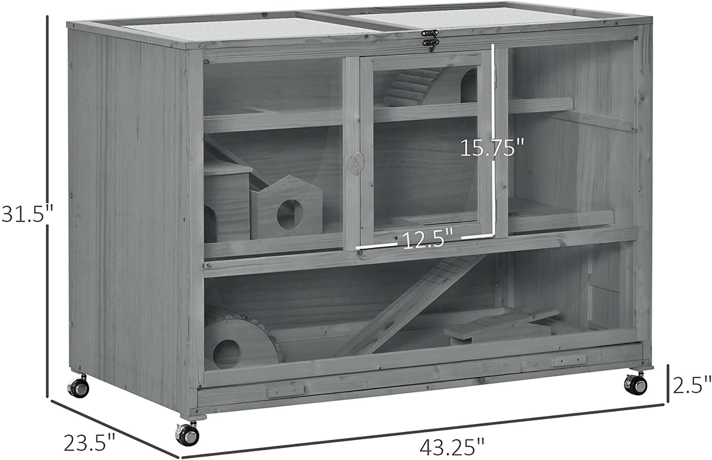 Pawhut 3-Level Wooden Hamster Cage, 43" Small Animal Hutch with Seesaw, Activity Center, Ladder, Feeding Bowl and Wheels, Dark Grey