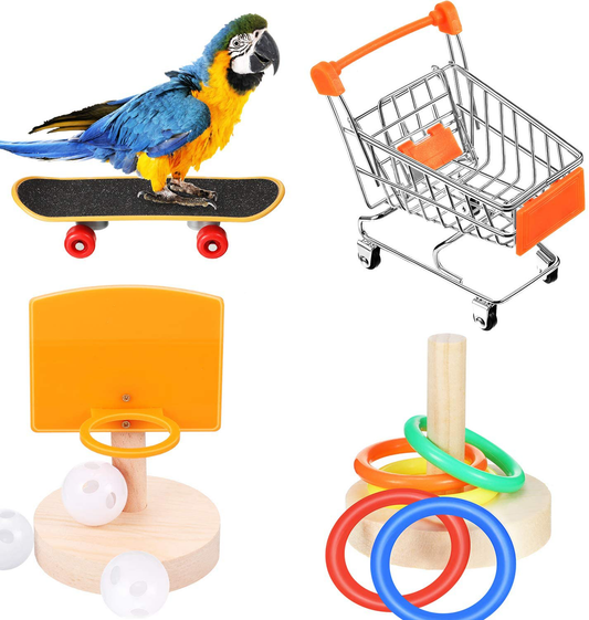 Weewooday 4 Pieces Bird Training Toy Set Include Shopping Cart Basketball Stacking Ring Toy Skateboard Parrot Intelligence Toy for Tabletop Cage Parakeets Cockatiels, Macaws, Parrots Animals & Pet Supplies > Pet Supplies > Bird Supplies > Bird Toys Weewooday   